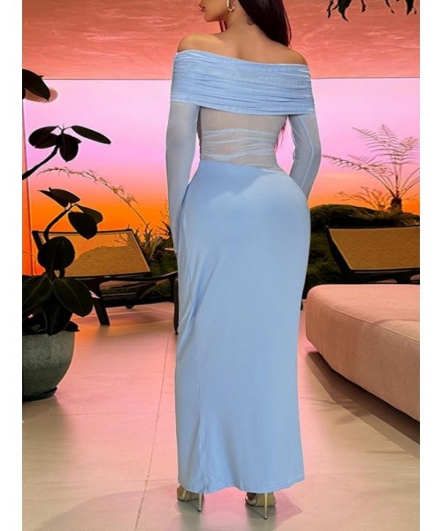 Women's Plain Off Shoulder Ruched Sheer Mesh Dress, Elegant Long Sleeve Long Dress for Party Banquet, Ladies Summer Clothes, Experimental Outfits Women's Plain Off Shoulder Ruched Sheer Mesh Dress, Elegant Long Sleeve Long Dress for Party Banquet, Ladies Summer Clothes, Experimental Outfits