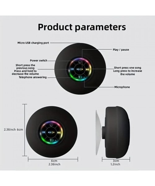 Mini Bluetooth Shower Speaker with LED light, Portable IPX4 Waterproof, Hands-Free Speakerphone. Rechargeable Using Micro USB, Wireless Stereo for Beach, Shower & Home Mini Bluetooth Shower Speaker with LED light, Portable IPX4 Waterproof, Hands-Free Speakerphone. Rechargeable Using Micro USB, Wireless Stereo for Beach, Shower & Home