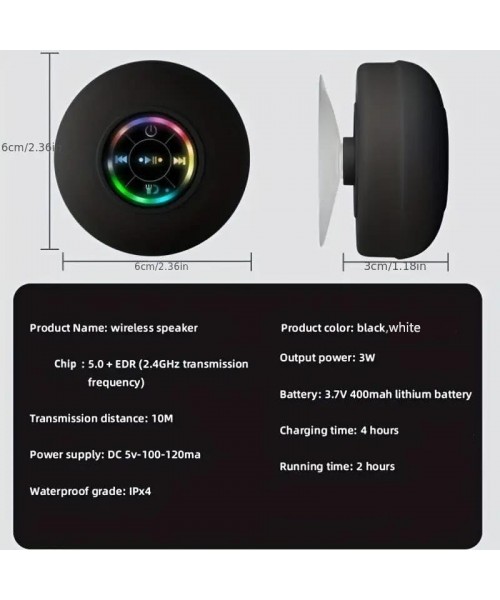 Mini Bluetooth Shower Speaker with LED light, Portable IPX4 Waterproof, Hands-Free Speakerphone. Rechargeable Using Micro USB, Wireless Stereo for Beach, Shower & Home Mini Bluetooth Shower Speaker with LED light, Portable IPX4 Waterproof, Hands-Free Speakerphone. Rechargeable Using Micro USB, Wireless Stereo for Beach, Shower & Home