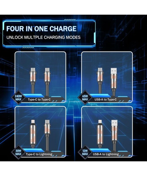 240W 4-in-1 USB-C Cable - PD 5A Fast Charging & Data Sync with USB A,TYPE C & Lightning, Breathing Light, Aluminum Alloy Design, 4FT Silicone Cable, Compatible with iPhone 16/15, iPad Pro, Samsung, and Laptops Android Device 240W 4-in-1 USB-C Cable - PD 5A Fast Charging & Data Sync with USB A,TYPE C & Lightning, Breathing Light, Aluminum Alloy Design, 4FT Silicone Cable, Compatible with iPhone 16/15, iPad Pro, Samsung, and Laptops Android Device