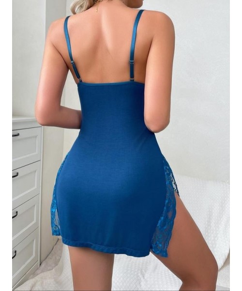 Women's Contrast Lace Backless Split Thigh Cami Nightdress, Adjustable Spaghetti Strap Nightgown, Soft Comfortable Nighty Dress for Women, Non Bodycon Dress, Trend Setter Dress Women's Contrast Lace Backless Split Thigh Cami Nightdress, Adjustable Spaghetti Strap Nightgown, Soft Comfortable Nighty Dress for Women, Non Bodycon Dress, Trend Setter Dress
