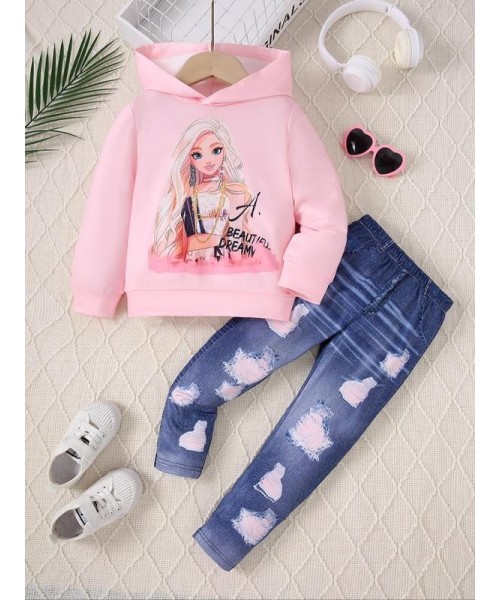 Two-Piece Set Girl's Cartoon Figure Print Sweatshirt & Denim-Effect Print Leggings Set, Casual Fashion Long Sleeve Hooded Pullover & Skinny Pants for Daily Outdoor Wear, Girls Two-piece Outfits for Fall & Winter Two-Piece Set Girl's Cartoon Figure Print Sweatshirt & Denim-Effect Print Leggings Set, Casual Fashion Long Sleeve Hooded Pullover & Skinny Pants for Daily Outdoor Wear, Girls Two-piece Outfits for Fall & Winter