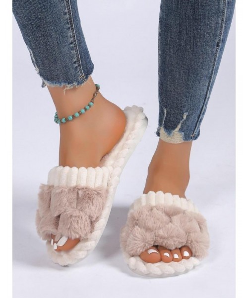 Women's Cute Plaid Design Fluffy Slippers, Casual Soft Comfortable Home Slippers, Warm House Slippers for Indoor & Outdoor Use for Women & Girls Women's Cute Plaid Design Fluffy Slippers, Casual Soft Comfortable Home Slippers, Warm House Slippers for Indoor & Outdoor Use for Women & Girls