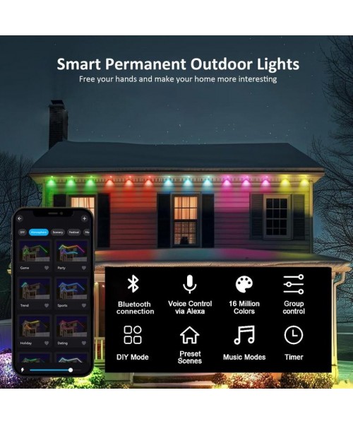 Outdoor Decorative Light, RGBIC Smart Eaves Light, IP67 Waterproof Outdoor Lighting for House Roofs, Suitable for Holiday Decor