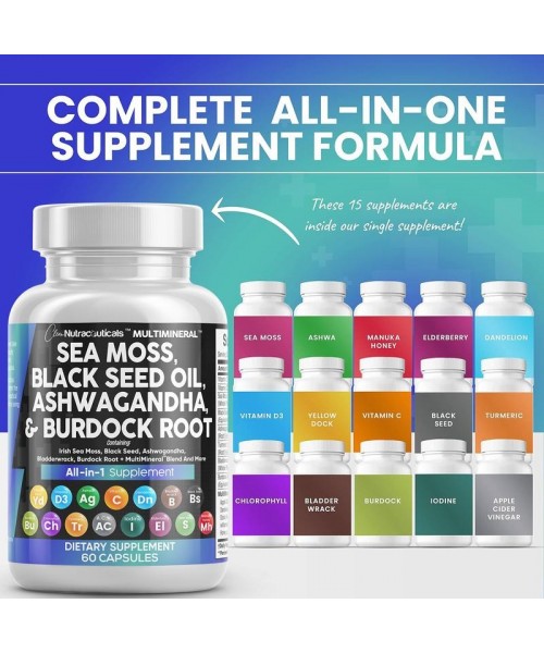 MultiMineral Sea Moss Black Seed Oil Ashwagandha Turmeric Bladderwrack Burdock Vitamin C Vitamin D3 with Elderberry Manuka Dietary Supplement Pills MultiMineral Sea Moss Black Seed Oil Ashwagandha Turmeric Bladderwrack Burdock Vitamin C Vitamin D3 with Elderberry Manuka Dietary Supplement Pills
