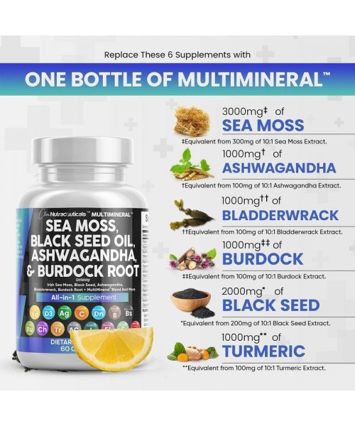 MultiMineral Sea Moss Black Seed Oil Ashwagandha Turmeric Bladderwrack Burdock Vitamin C Vitamin D3 with Elderberry Manuka Dietary Supplement Pills MultiMineral Sea Moss Black Seed Oil Ashwagandha Turmeric Bladderwrack Burdock Vitamin C Vitamin D3 with Elderberry Manuka Dietary Supplement Pills