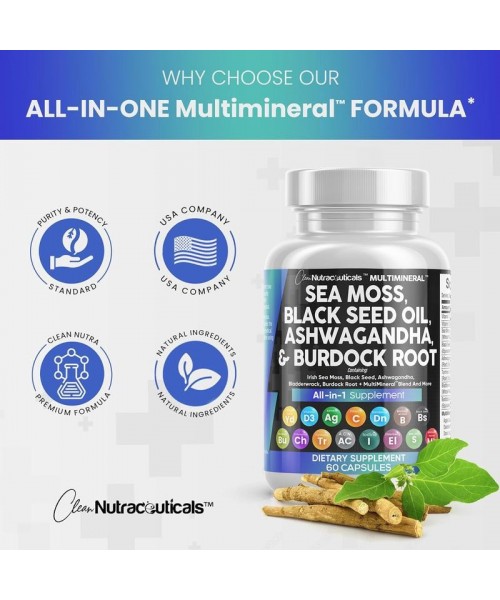 MultiMineral Sea Moss Black Seed Oil Ashwagandha Turmeric Bladderwrack Burdock Vitamin C Vitamin D3 with Elderberry Manuka Dietary Supplement Pills MultiMineral Sea Moss Black Seed Oil Ashwagandha Turmeric Bladderwrack Burdock Vitamin C Vitamin D3 with Elderberry Manuka Dietary Supplement Pills