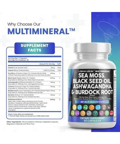 MultiMineral Sea Moss Black Seed Oil Ashwagandha Turmeric Bladderwrack Burdock Vitamin C Vitamin D3 with Elderberry Manuka Dietary Supplement Pills MultiMineral Sea Moss Black Seed Oil Ashwagandha Turmeric Bladderwrack Burdock Vitamin C Vitamin D3 with Elderberry Manuka Dietary Supplement Pills