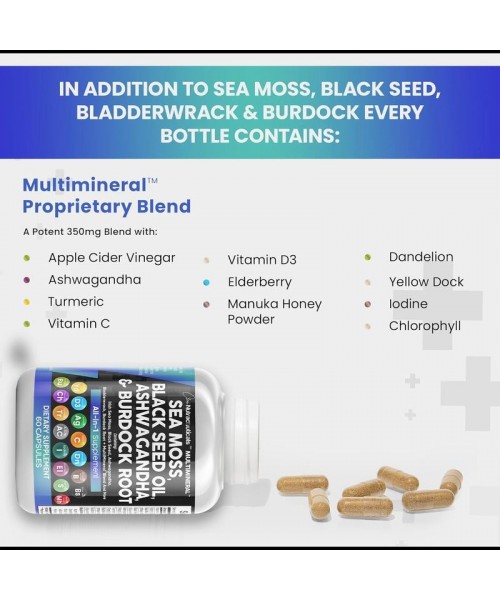 MultiMineral Sea Moss Black Seed Oil Ashwagandha Turmeric Bladderwrack Burdock Vitamin C Vitamin D3 with Elderberry Manuka Dietary Supplement Pills MultiMineral Sea Moss Black Seed Oil Ashwagandha Turmeric Bladderwrack Burdock Vitamin C Vitamin D3 with Elderberry Manuka Dietary Supplement Pills