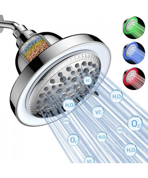 Filtered Shower Head with LED Color Changing, 7 Modes High Pressure Rain Shower Head with Filters, Water Softener Showerhead for Hard Water