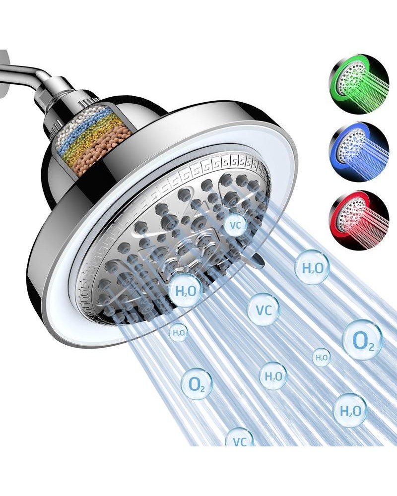 Filtered Shower Head with LED Color Changing, 7 Modes High Pressure Rain Shower Head with Filters, Water Softener Showerhead for Hard Water