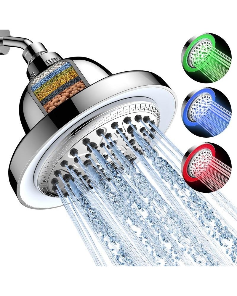 Filtered Shower Head with LED Color Changing, 7 Modes High Pressure Rain Shower Head with Filters, Water Softener Showerhead for Hard Water