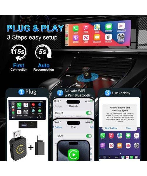 Mini Wireless Apple CarPlay Adapter, for both Apple and Android, 2 in 1, small wireless carplay adapter, converts wired to wireless, suitable for factory wired CarPlay cars from 2016 onwards, plug and play Mini Wireless Apple CarPlay Adapter, for both Apple and Android, 2 in 1, small wireless carplay adapter, converts wired to wireless, suitable for factory wired CarPlay cars from 2016 onwards, plug and play
