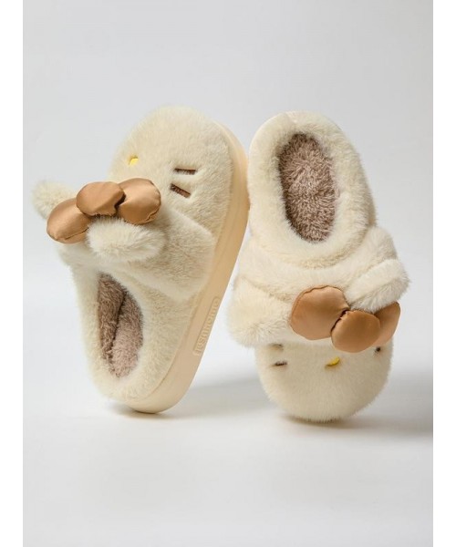 Women's Cute Cartoon Embroidery Bow Decor Plush Slippers, Casual Soft Comfortable Home Slippers, Thick Sole Warm Slippers for Indoor & Outdoor Use for Fall & Winter