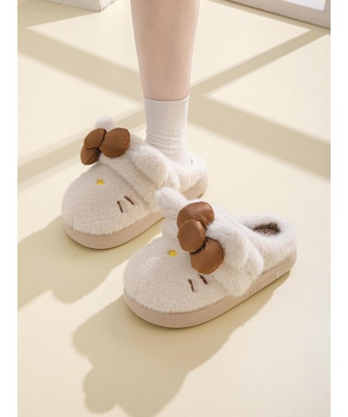 Women's Cute Cartoon Embroidery Bow Decor Plush Slippers, Casual Soft Comfortable Home Slippers, Thick Sole Warm Slippers for Indoor & Outdoor Use for Fall & Winter