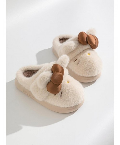 Women's Cute Cartoon Embroidery Bow Decor Plush Slippers, Casual Soft Comfortable Home Slippers, Thick Sole Warm Slippers for Indoor & Outdoor Use for Fall & Winter
