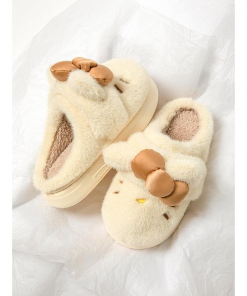 Women's Cute Cartoon Embroidery Bow Decor Plush Slippers, Casual Soft Comfortable Home Slippers, Thick Sole Warm Slippers for Indoor & Outdoor Use for Fall & Winter