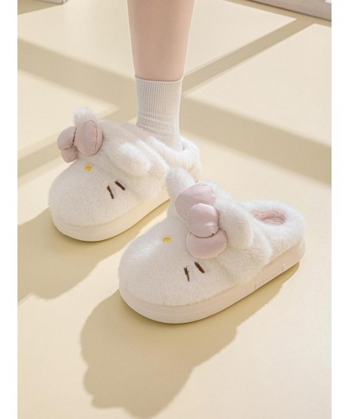 Women's Cute Cartoon Embroidery Bow Decor Plush Slippers, Casual Soft Comfortable Home Slippers, Thick Sole Warm Slippers for Indoor & Outdoor Use for Fall & Winter