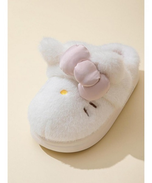 Women's Cute Cartoon Embroidery Bow Decor Plush Slippers, Casual Soft Comfortable Home Slippers, Thick Sole Warm Slippers for Indoor & Outdoor Use for Fall & Winter