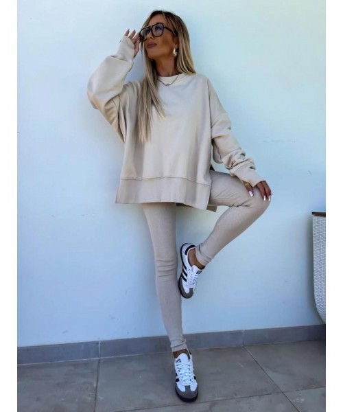 Two-piece Set Women's Solid Drop Shoulder Split Hem Sweatshirt & Leggings, Casual Fashion Cozy Round Neck Long Sleeve Pullover & Trousers for Daily Outdoor Wear, 2 Piece Sets Women, Women's Clothing for Spring & Fall, Sweatsuit Set Outfit Two-piece Set Women's Solid Drop Shoulder Split Hem Sweatshirt & Leggings, Casual Fashion Cozy Round Neck Long Sleeve Pullover & Trousers for Daily Outdoor Wear, 2 Piece Sets Women, Women's Clothing for Spring & Fall, Sweatsuit Set Outfit