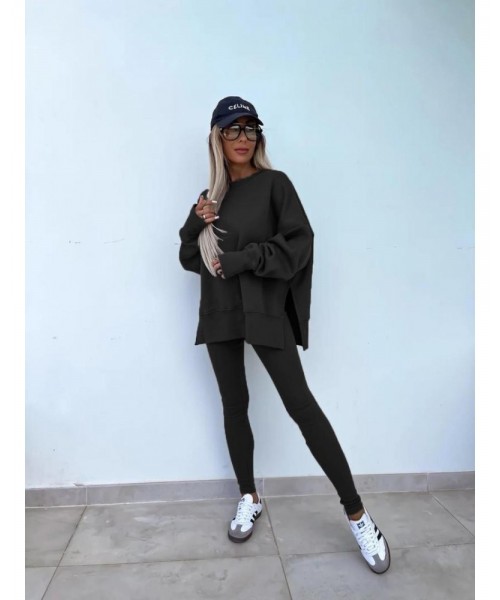 Two-piece Set Women's Solid Drop Shoulder Split Hem Sweatshirt & Leggings, Casual Fashion Cozy Round Neck Long Sleeve Pullover & Trousers for Daily Outdoor Wear, 2 Piece Sets Women, Women's Clothing for Spring & Fall, Sweatsuit Set Outfit Two-piece Set Women's Solid Drop Shoulder Split Hem Sweatshirt & Leggings, Casual Fashion Cozy Round Neck Long Sleeve Pullover & Trousers for Daily Outdoor Wear, 2 Piece Sets Women, Women's Clothing for Spring & Fall, Sweatsuit Set Outfit