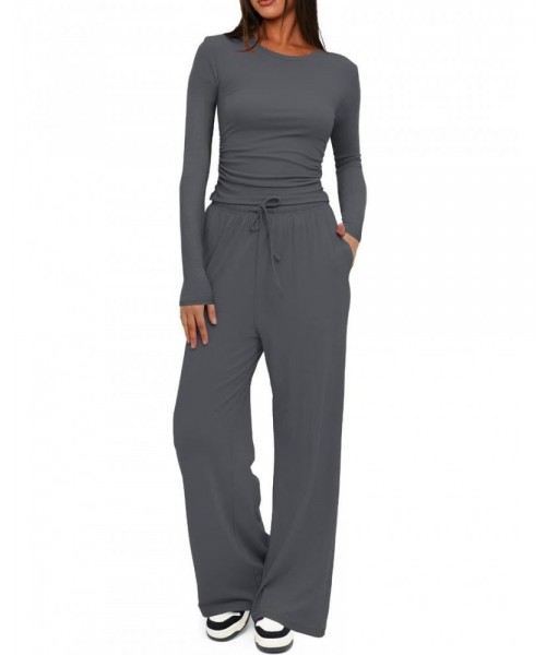 Two-piece Set Women's Solid Ruched Tee & Drawstring Pocket Pants Lounge Set, Casual Long Sleeve T-shirt & Elastic Waist Trousers, Ladies Sleepwear for All Seasons Two-piece Set Women's Solid Ruched Tee & Drawstring Pocket Pants Lounge Set, Casual Long Sleeve T-shirt & Elastic Waist Trousers, Ladies Sleepwear for All Seasons