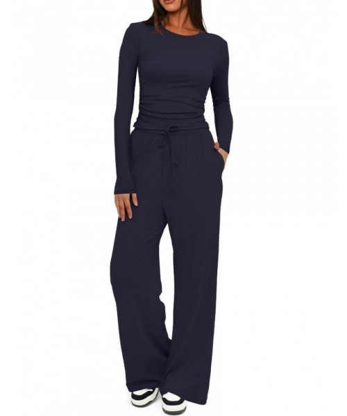 Two-piece Set Women's Solid Ruched Tee & Drawstring Pocket Pants Lounge Set, Casual Long Sleeve T-shirt & Elastic Waist Trousers, Ladies Sleepwear for All Seasons Two-piece Set Women's Solid Ruched Tee & Drawstring Pocket Pants Lounge Set, Casual Long Sleeve T-shirt & Elastic Waist Trousers, Ladies Sleepwear for All Seasons