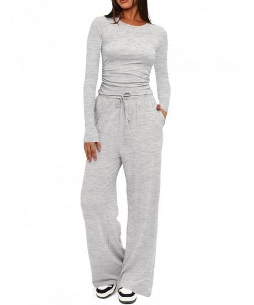 Two-piece Set Women's Solid Ruched Tee & Drawstring Pocket Pants Lounge Set, Casual Long Sleeve T-shirt & Elastic Waist Trousers, Ladies Sleepwear for All Seasons Two-piece Set Women's Solid Ruched Tee & Drawstring Pocket Pants Lounge Set, Casual Long Sleeve T-shirt & Elastic Waist Trousers, Ladies Sleepwear for All Seasons
