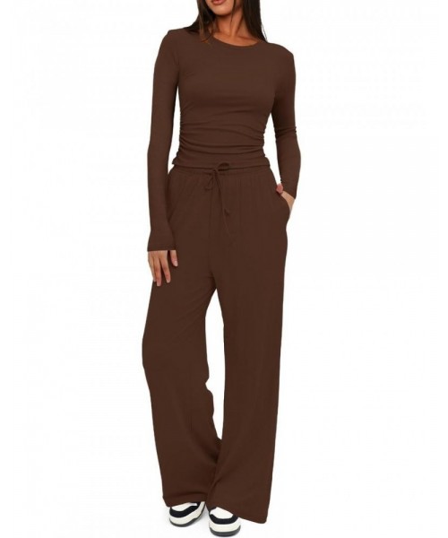 Two-piece Set Women's Solid Ruched Tee & Drawstring Pocket Pants Lounge Set, Casual Long Sleeve T-shirt & Elastic Waist Trousers, Ladies Sleepwear for All Seasons Two-piece Set Women's Solid Ruched Tee & Drawstring Pocket Pants Lounge Set, Casual Long Sleeve T-shirt & Elastic Waist Trousers, Ladies Sleepwear for All Seasons