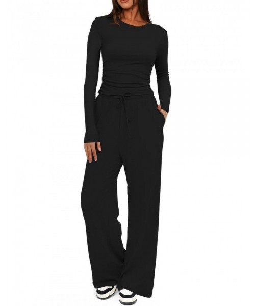 Two-piece Set Women's Solid Ruched Tee & Drawstring Pocket Pants Lounge Set, Casual Long Sleeve T-shirt & Elastic Waist Trousers, Ladies Sleepwear for All Seasons Two-piece Set Women's Solid Ruched Tee & Drawstring Pocket Pants Lounge Set, Casual Long Sleeve T-shirt & Elastic Waist Trousers, Ladies Sleepwear for All Seasons